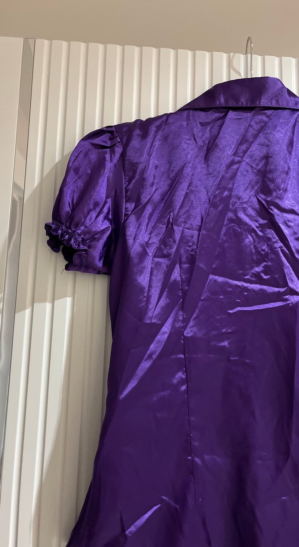 Parlak Mor Düğmeli Kadın Saten Gömlek - Görsel 5