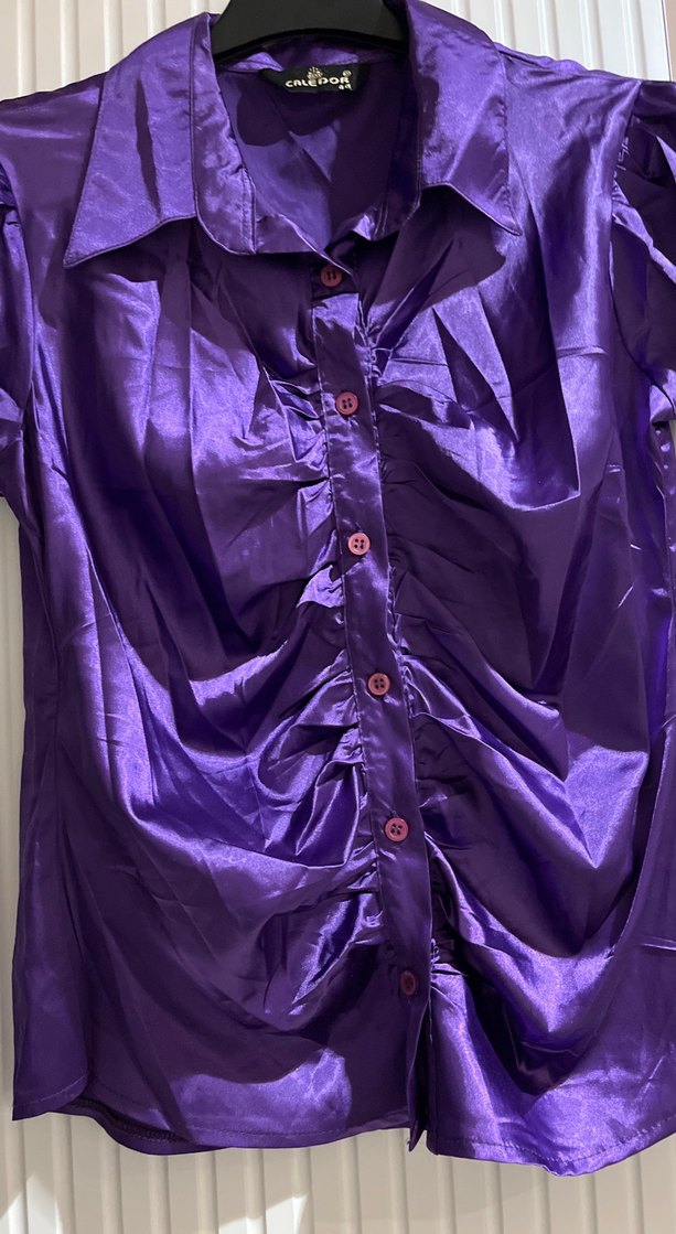 Parlak Mor Düğmeli Kadın Saten Gömlek - Görsel 3