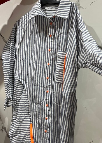 Gri Çizgili Uzun Kollu Kadın Keten Gömlek - Görsel 3