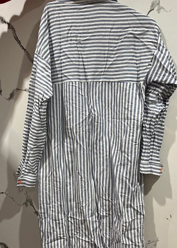 Gri Çizgili Uzun Kollu Kadın Keten Gömlek - Görsel 5