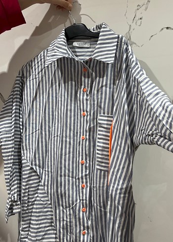 Gri Çizgili Uzun Kollu Kadın Keten Gömlek - Görsel 2