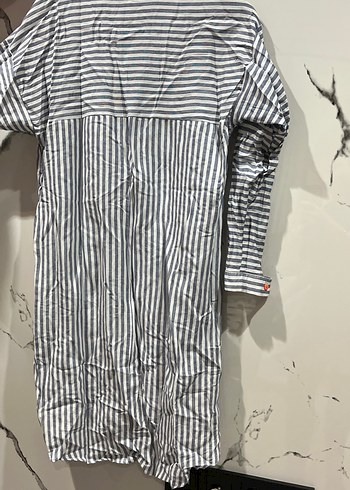 Gri Çizgili Uzun Kollu Kadın Keten Gömlek - Görsel 7