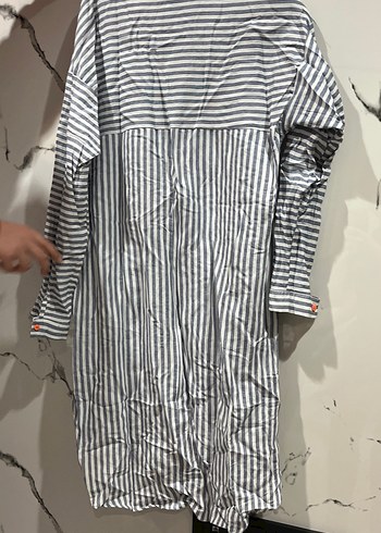 Gri Çizgili Uzun Kollu Kadın Keten Gömlek - Görsel 6