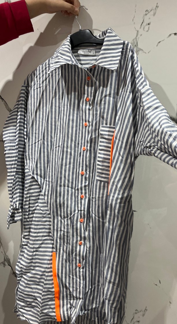 Gri Çizgili Uzun Kollu Kadın Keten Gömlek - Görsel 3