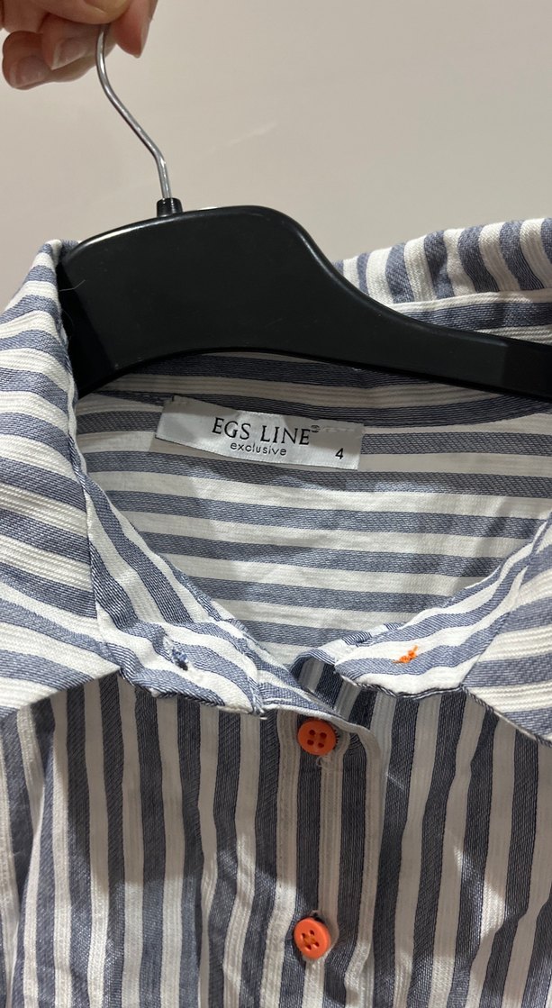 Gri Çizgili Uzun Kollu Kadın Keten Gömlek - Görsel 4