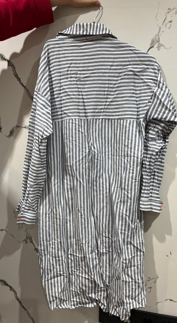 Gri Çizgili Uzun Kollu Kadın Keten Gömlek - Görsel 5