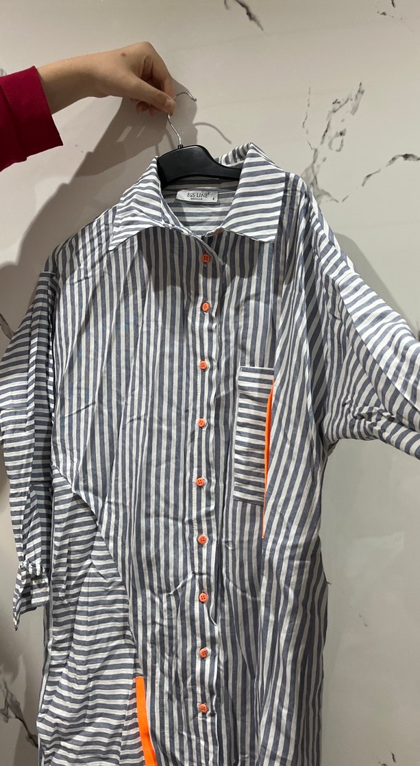 Gri Çizgili Uzun Kollu Kadın Keten Gömlek - Görsel 2