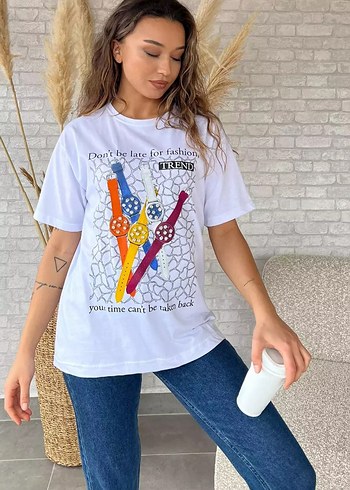 LC Waikiki Siyah Baskılı Oversize Kadın Tişört
