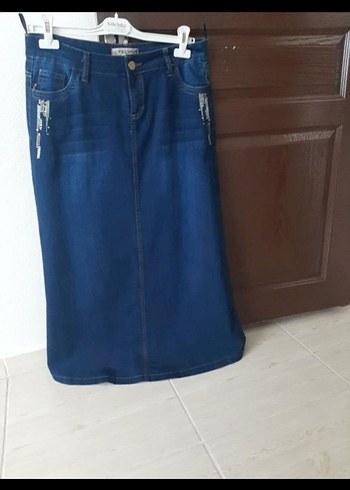 Kemerli Lacivert Midi Denim Etek