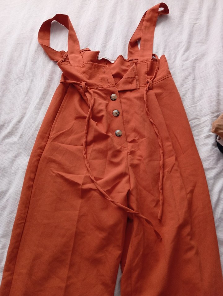 Düğmeli Bej Keten Hamile Tulum - Görsel 2