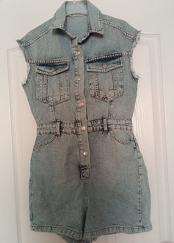 s Beden mavi Renk Kadın Mavi Denim Mini Tulum