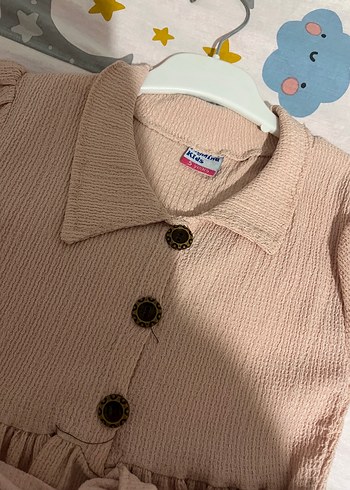 Kız Çocuk Bej Keten Düğmeli Elbise - Görsel 2