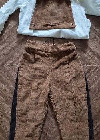 Kahverengi Çocuk Salopet Tulum ve Bebe Yaka Beyaz Gömlek - Görsel 5