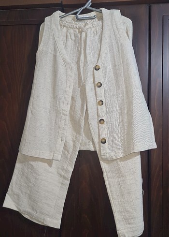 Düğmeli Beyaz Keten Kadın Alt Üst Takım - Görsel 2