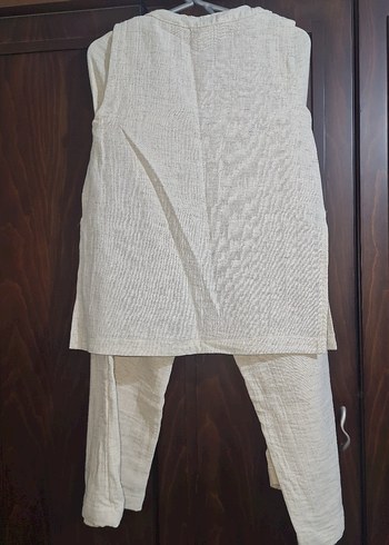 Düğmeli Beyaz Keten Kadın Alt Üst Takım - Görsel 4