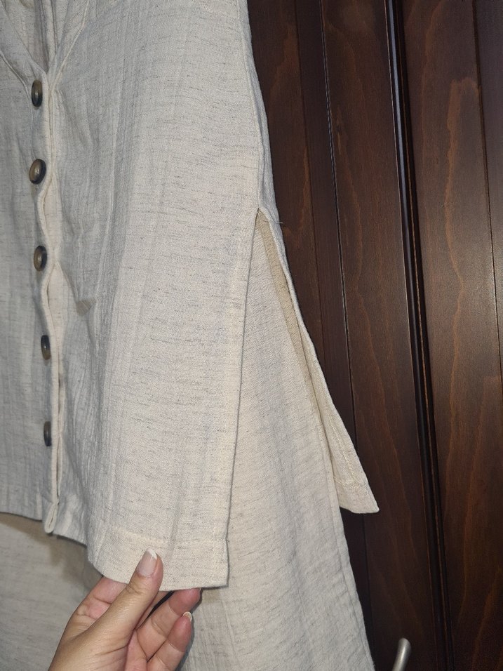 Düğmeli Beyaz Keten Kadın Alt Üst Takım - Görsel 3