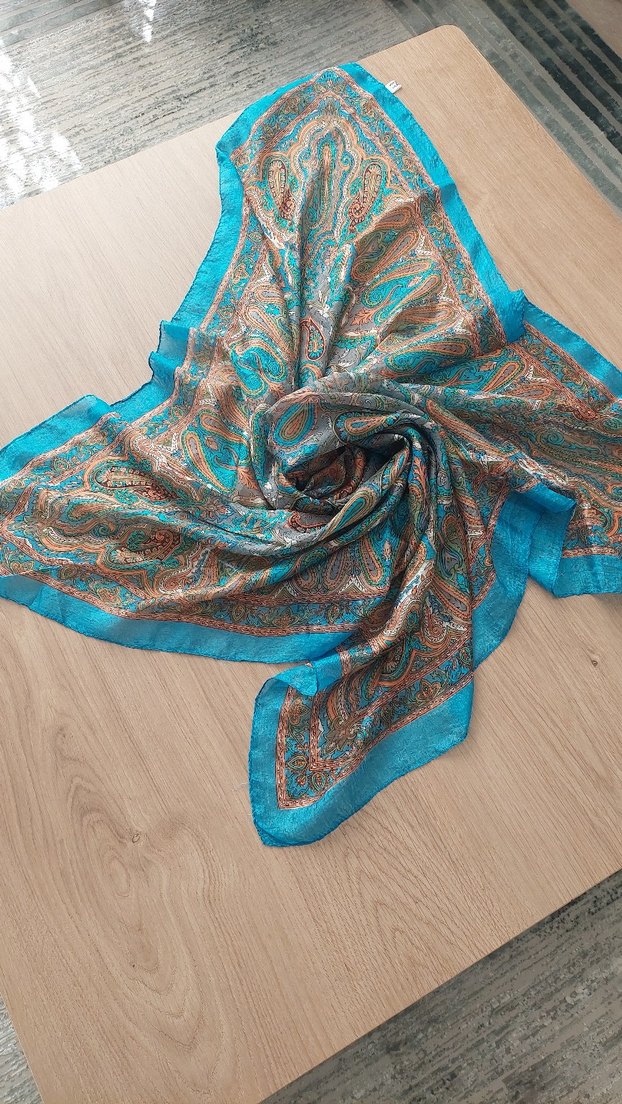 Bohem Tarz Turkuaz Desenli hakiki hint ipegi Şal - Görsel 2