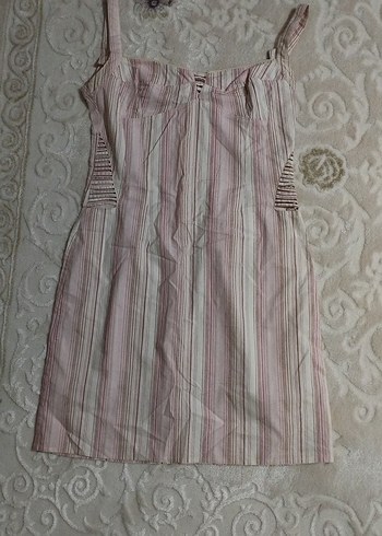 Pembe Çizgili Askılı Midi Elbise
