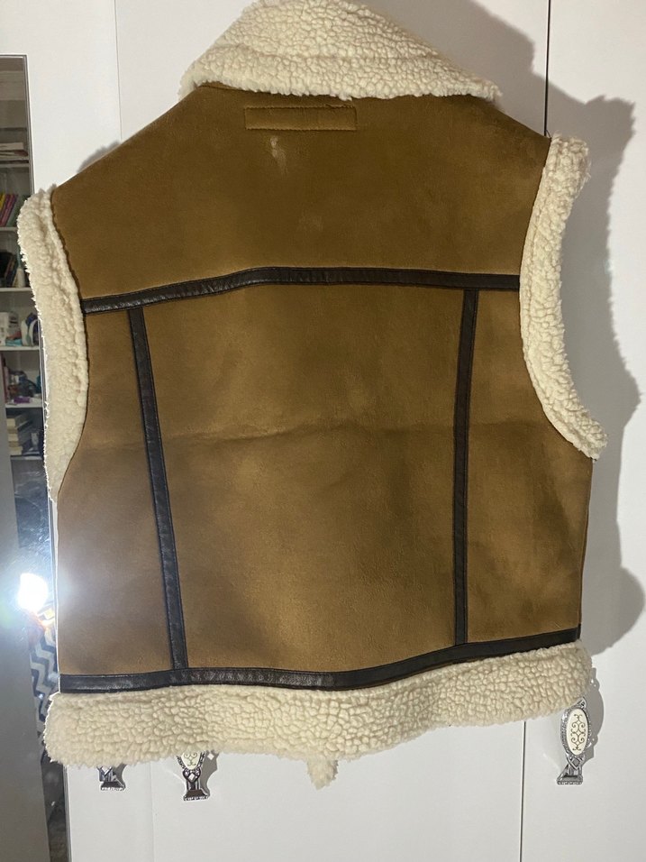 Kürklü Süet Kahverengi Biker Yelek - Görsel 2