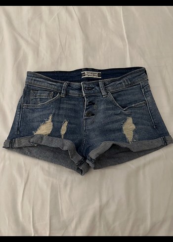 Düğmeli Koyu Mavi Kadın Mini Denim Şort