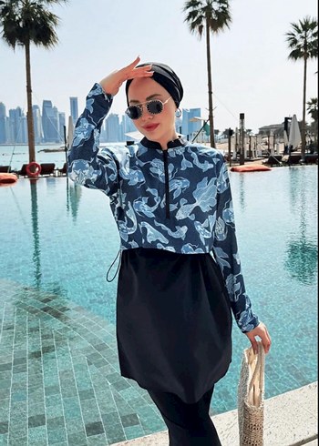 Lacivert Batik Desenli Uzun Kollu Mini Mayo