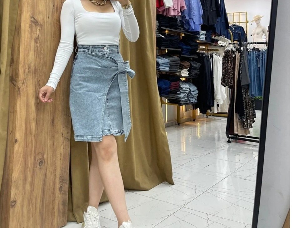 Kemer Detaylı Gri Denim Midi Etek - Görsel 2