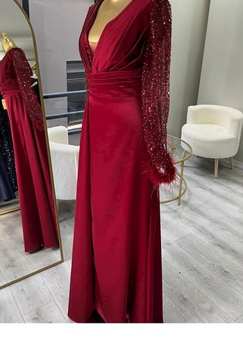 Bordo Drapeli Uzun Kollu Abiye Elbise - Görsel 2