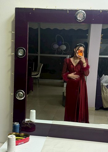 Bordo Drapeli Uzun Kollu Abiye Elbise - Görsel 3