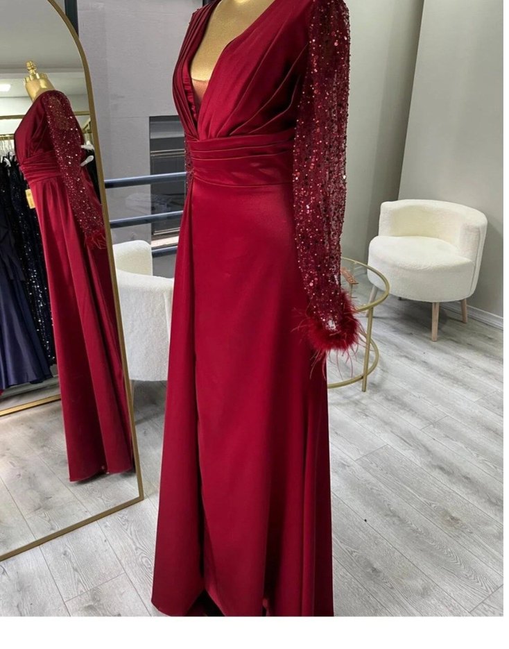 Bordo Drapeli Uzun Kollu Abiye Elbise - Görsel 2