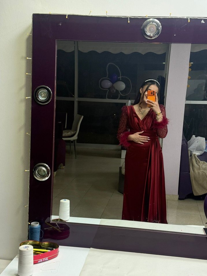 Bordo Drapeli Uzun Kollu Abiye Elbise - Görsel 3