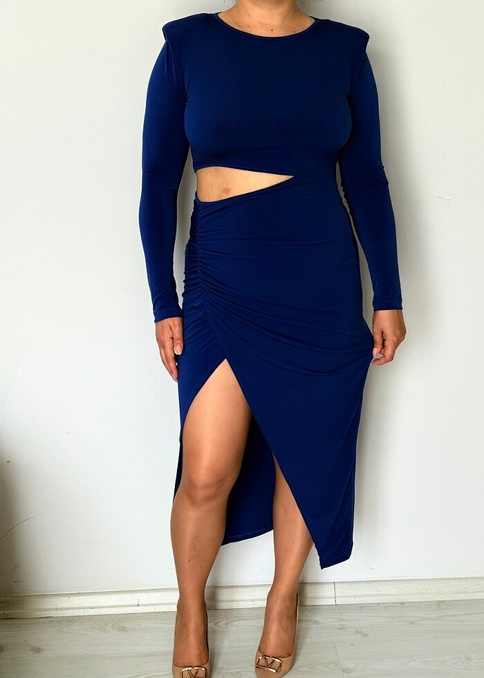 Saks Mavisi Asimetrik Yırtmaçlı Şık Elbise - Görsel 2