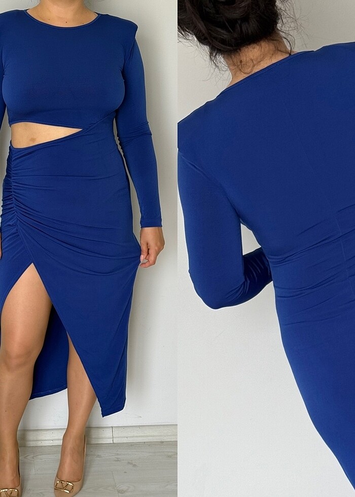 Saks Mavisi Asimetrik Yırtmaçlı Şık Elbise - Görsel 3