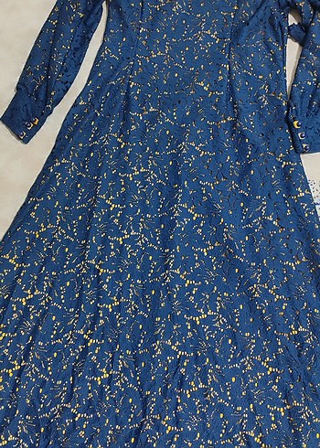 Mavi Uzun Kollu Bohem Kadın Elbisesi - Görsel 2