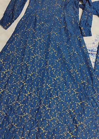 Mavi Uzun Kollu Bohem Kadın Elbisesi - Görsel 4