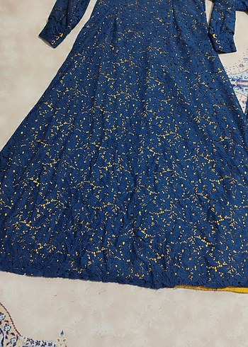 Mavi Uzun Kollu Bohem Kadın Elbisesi - Görsel 3