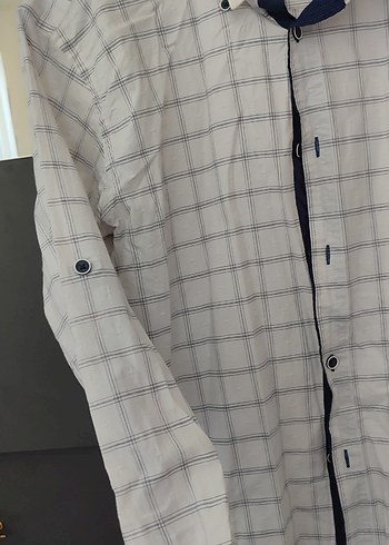 Erkek Beyaz Gri Kareli Uzun Kollu Gömlek - Görsel 2