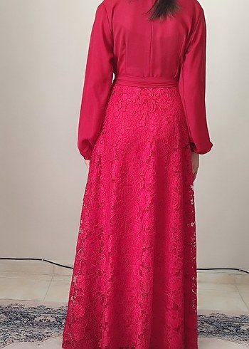 Kırmızı Uzun Kollu Drapeli Abiye Elbise - Görsel 3