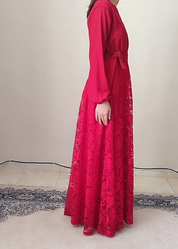 Kırmızı Uzun Kollu Drapeli Abiye Elbise - Görsel 4