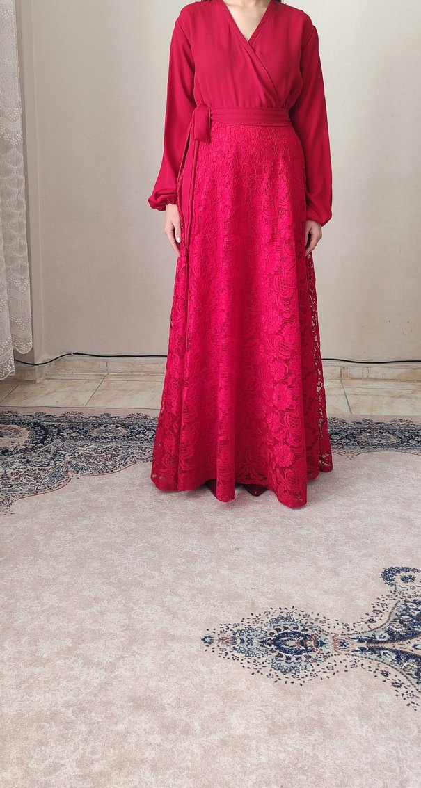 Kırmızı Uzun Kollu Drapeli Abiye Elbise - Görsel 5