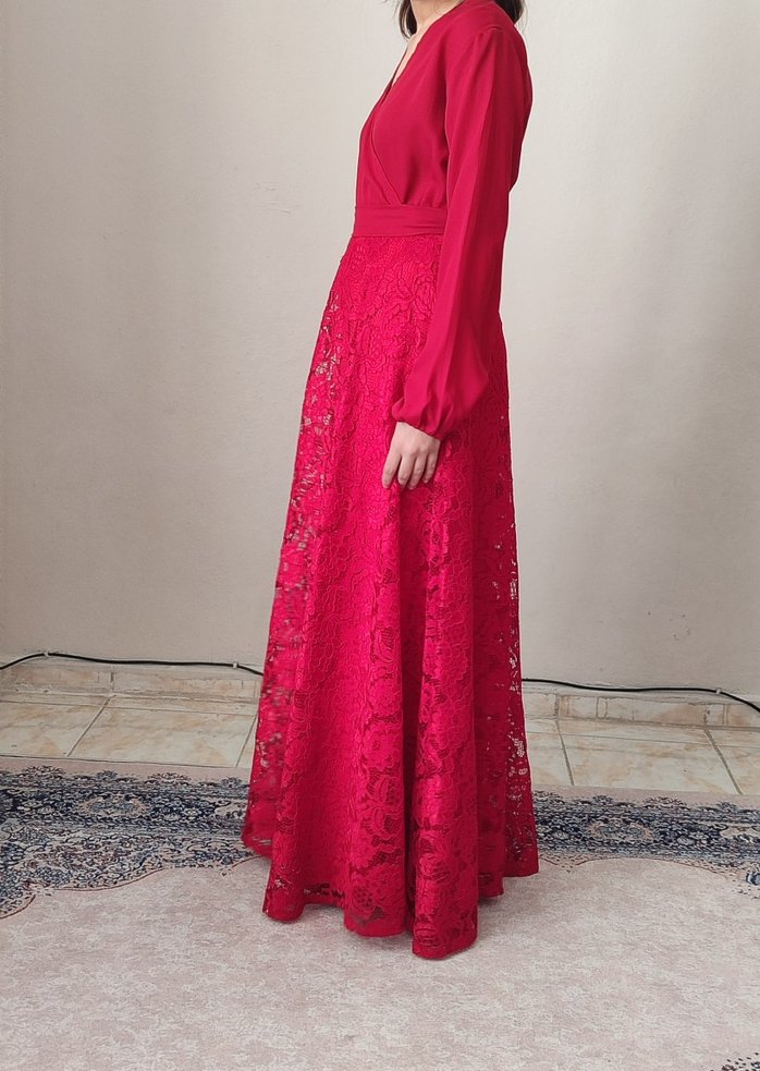 Kırmızı Uzun Kollu Drapeli Abiye Elbise - Görsel 2