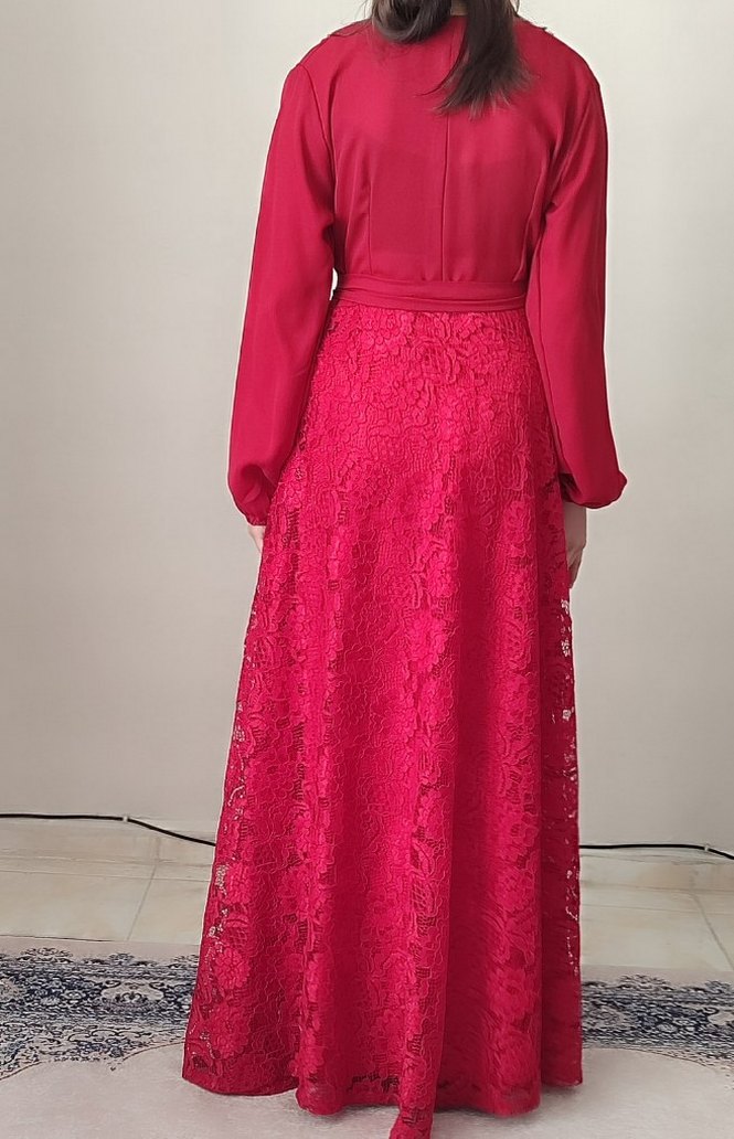 Kırmızı Uzun Kollu Drapeli Abiye Elbise - Görsel 3