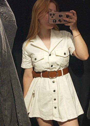 Kemerli Beyaz kot Mini Elbise
