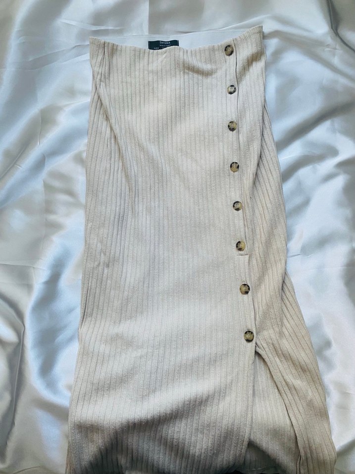 Düğmeli Bej Hamile Midi Etek - Görsel 4