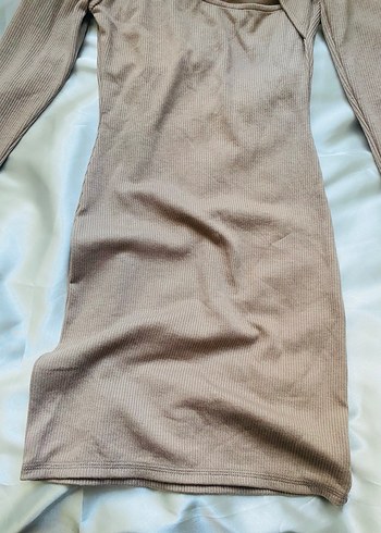 Bej Uzun Kollu Yüksek Yakalı Triko Elbise - Görsel 5