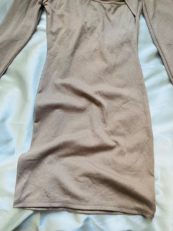 Bej Uzun Kollu Yüksek Yakalı Triko Elbise - Görsel 5