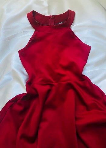 Kırmızı Midi Yüksek Yakalı Drapeli Abiye Elbise - Görsel 4