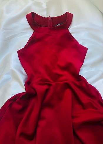 Kırmızı Midi Yüksek Yakalı Drapeli Abiye Elbise - Görsel 2