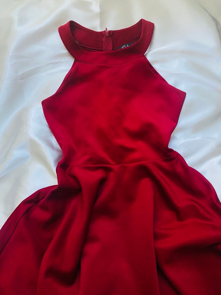 Kırmızı Midi Yüksek Yakalı Drapeli Abiye Elbise - Görsel 4