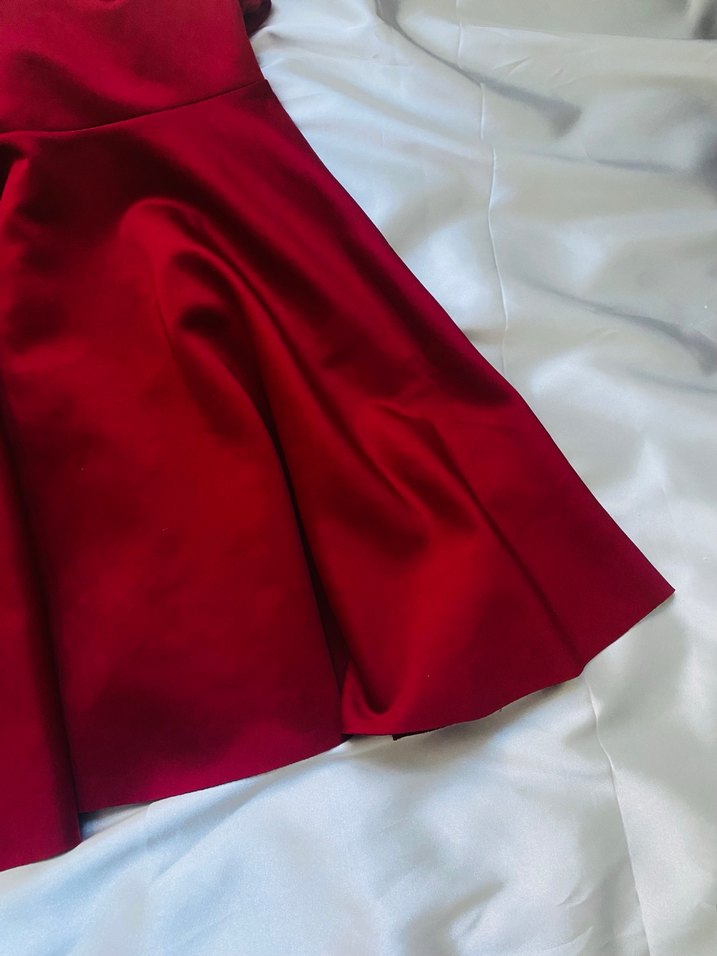 Kırmızı Midi Yüksek Yakalı Drapeli Abiye Elbise - Görsel 3