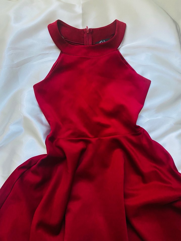 Kırmızı Midi Yüksek Yakalı Drapeli Abiye Elbise - Görsel 2